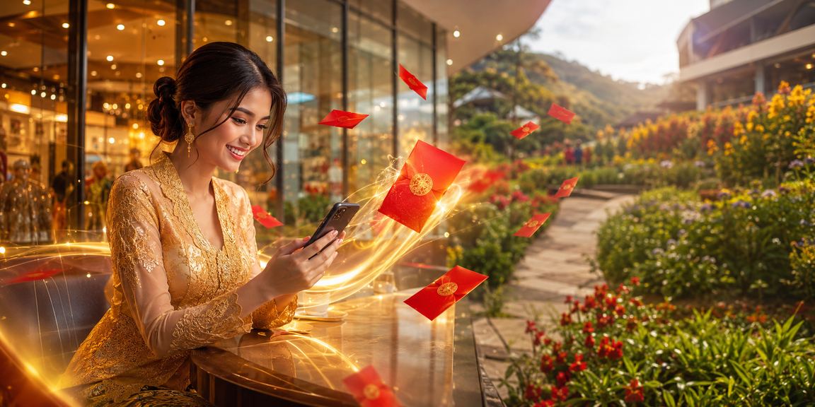 Suasana perayaan dan bonus kad merah dalam gaya Malaysia tradisional di platform manu88